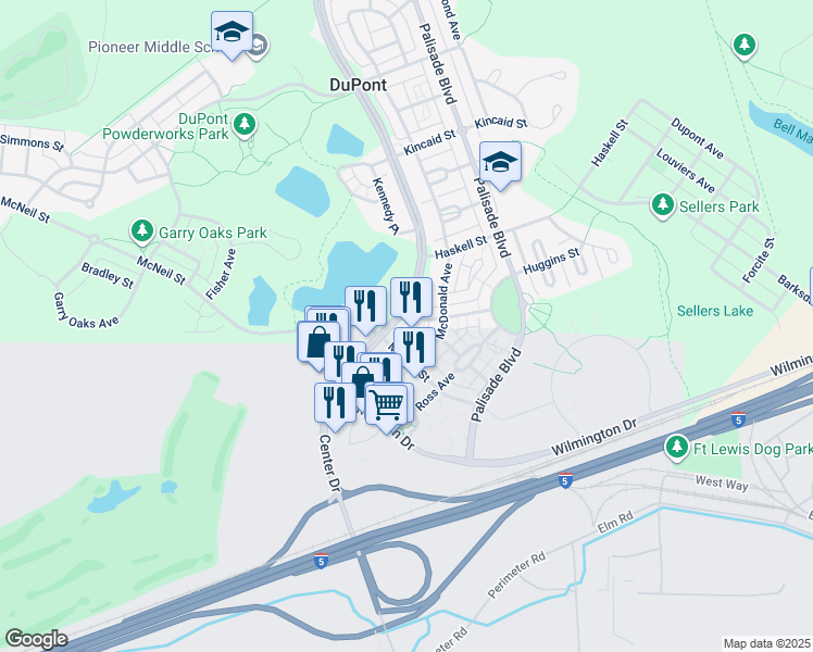 map of restaurants, bars, coffee shops, grocery stores, and more near 1589 Center Drive in DuPont