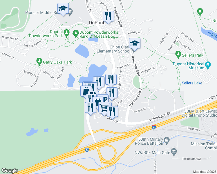 map of restaurants, bars, coffee shops, grocery stores, and more near 1589 Center Drive in DuPont