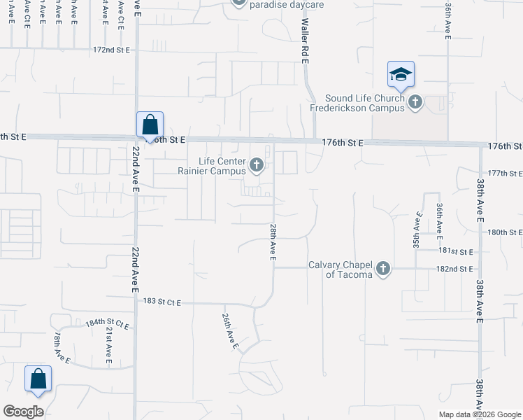 map of restaurants, bars, coffee shops, grocery stores, and more near 2712 179th Street East in Tacoma