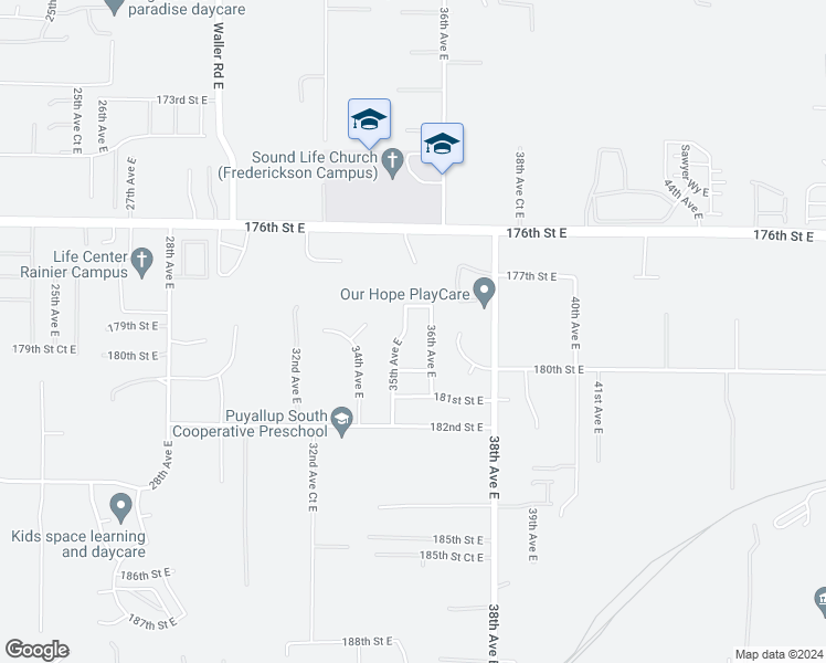 map of restaurants, bars, coffee shops, grocery stores, and more near 17827 35th Avenue East in Tacoma