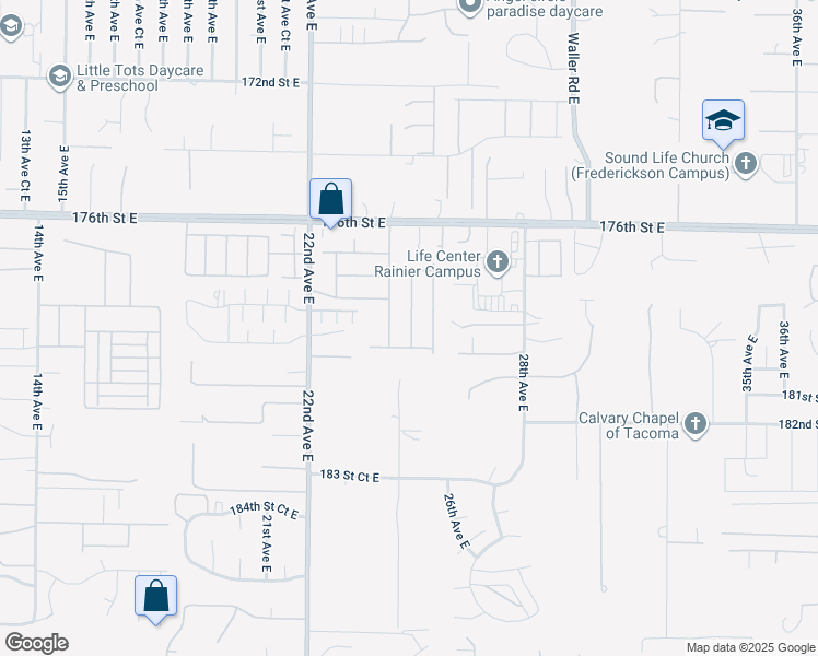 map of restaurants, bars, coffee shops, grocery stores, and more near 17902 25th Avenue Court East in Tacoma