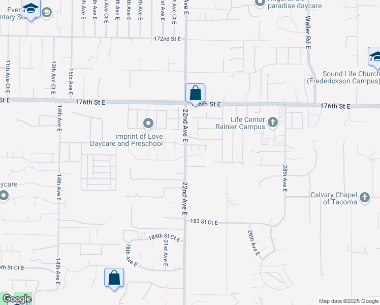 map of restaurants, bars, coffee shops, grocery stores, and more near 17905 22nd Avenue East in Tacoma