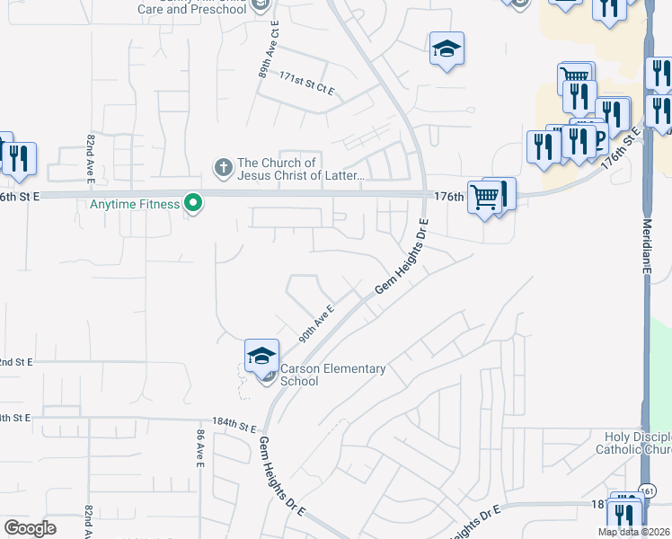 map of restaurants, bars, coffee shops, grocery stores, and more near 8908 179th Street East in Puyallup