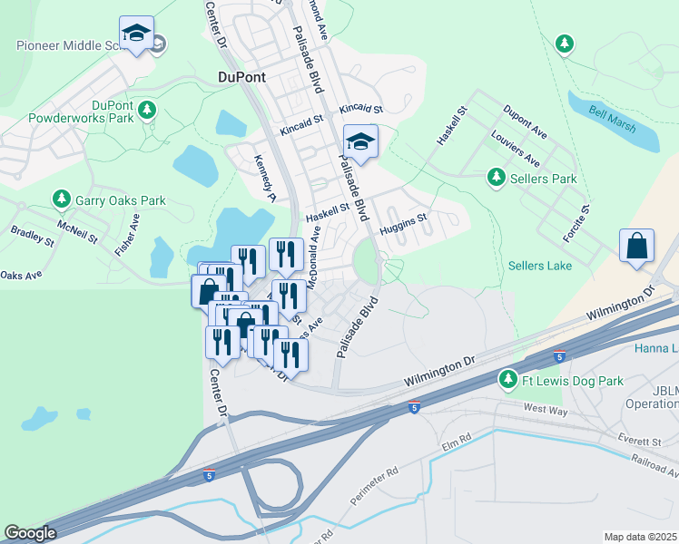 map of restaurants, bars, coffee shops, grocery stores, and more near 1457 Thompson Street in DuPont