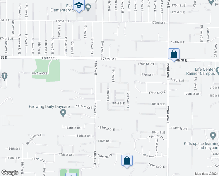map of restaurants, bars, coffee shops, grocery stores, and more near 1501 179th Street Court East in Spanaway