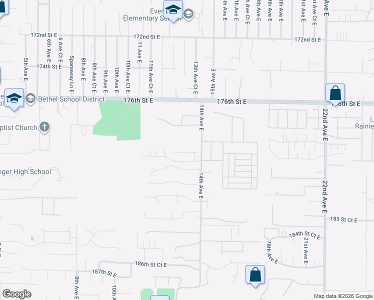 map of restaurants, bars, coffee shops, grocery stores, and more near 1303 179th Street Court East in Spanaway