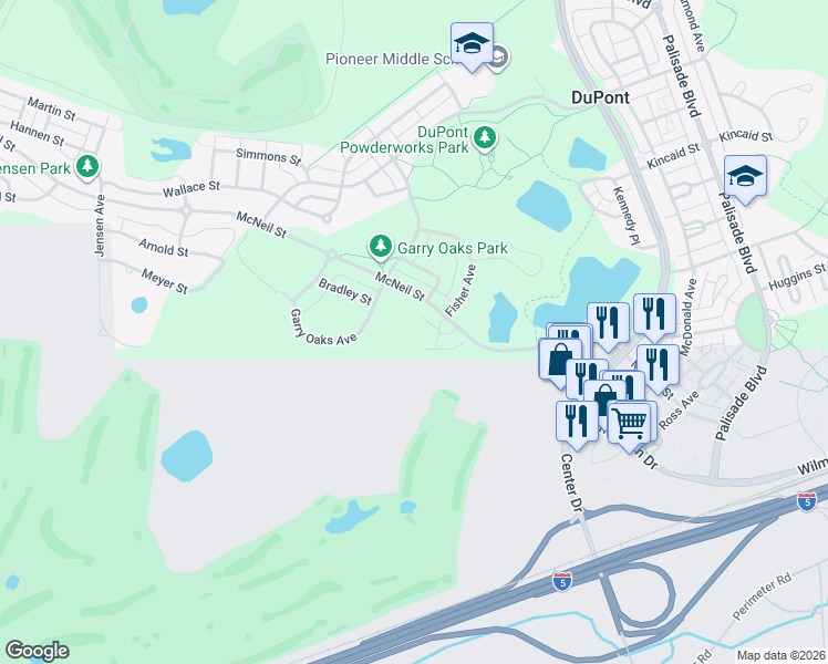 map of restaurants, bars, coffee shops, grocery stores, and more near 1735 McNeil Circle in DuPont