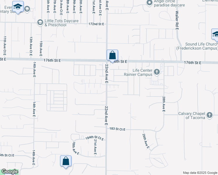 map of restaurants, bars, coffee shops, grocery stores, and more near 17905 22nd Avenue East in Tacoma