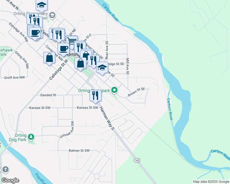map of restaurants, bars, coffee shops, grocery stores, and more near 101 Olive Street Southeast in Orting