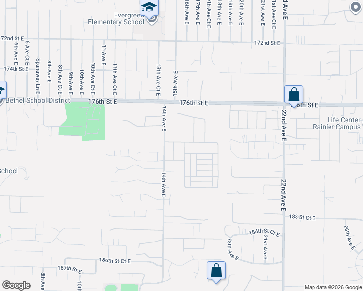 map of restaurants, bars, coffee shops, grocery stores, and more near 17916 15th Avenue East in Spanaway