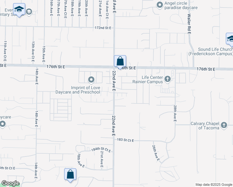 map of restaurants, bars, coffee shops, grocery stores, and more near 17905 22nd Avenue East in Tacoma