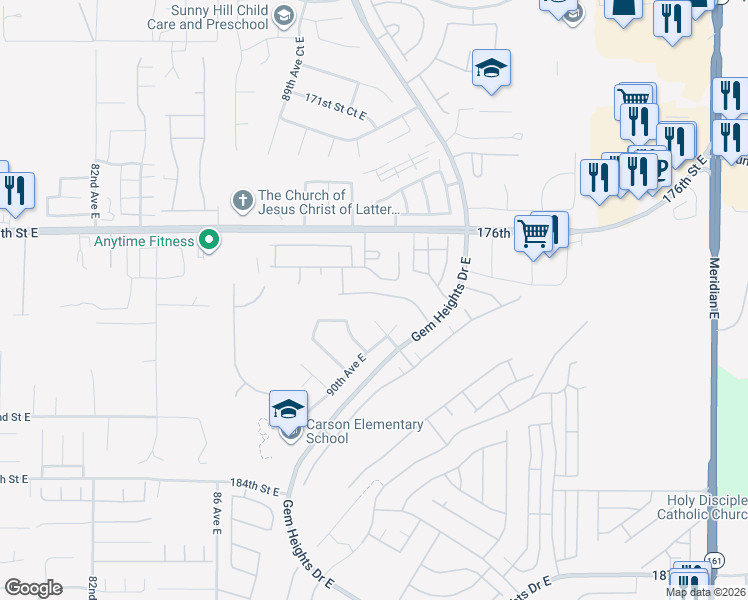 map of restaurants, bars, coffee shops, grocery stores, and more near 8908 179th Street East in Puyallup