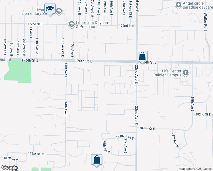 map of restaurants, bars, coffee shops, grocery stores, and more near 17813 18th Avenue Court East in Spanaway