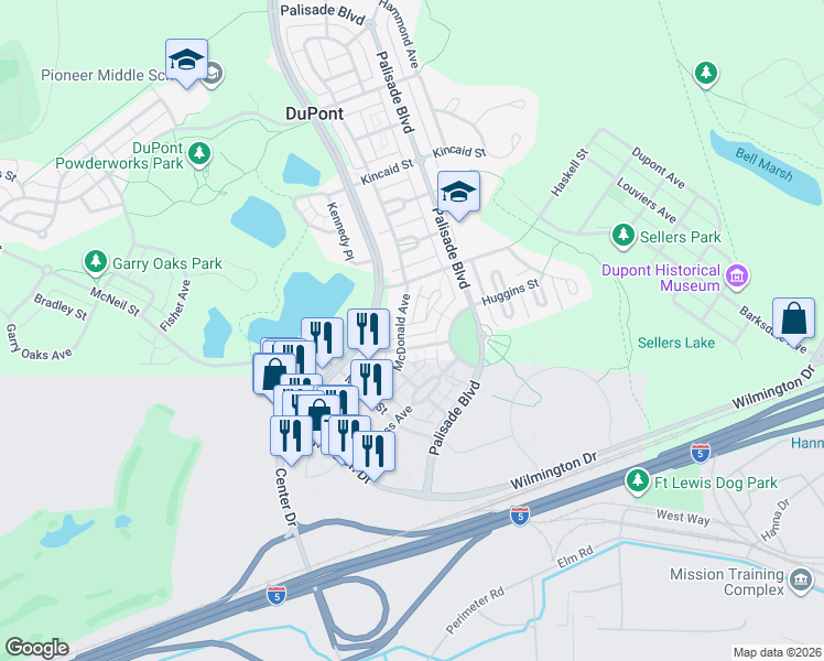 map of restaurants, bars, coffee shops, grocery stores, and more near 1413 Heath Street and Court in DuPont