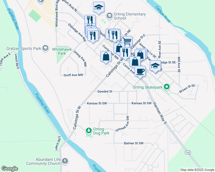 map of restaurants, bars, coffee shops, grocery stores, and more near 1112 Tacoma Avenue Southwest in Orting