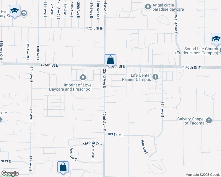 map of restaurants, bars, coffee shops, grocery stores, and more near 2214 178th Street East in Tacoma