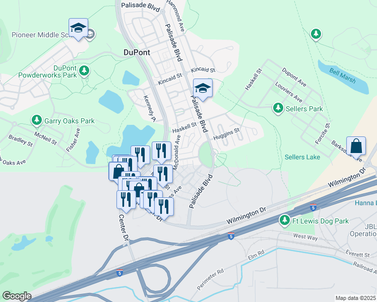 map of restaurants, bars, coffee shops, grocery stores, and more near 1457 Thompson Street in DuPont