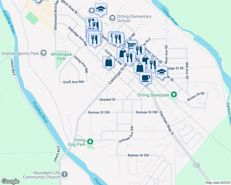 map of restaurants, bars, coffee shops, grocery stores, and more near 504 Deeded Street in Orting