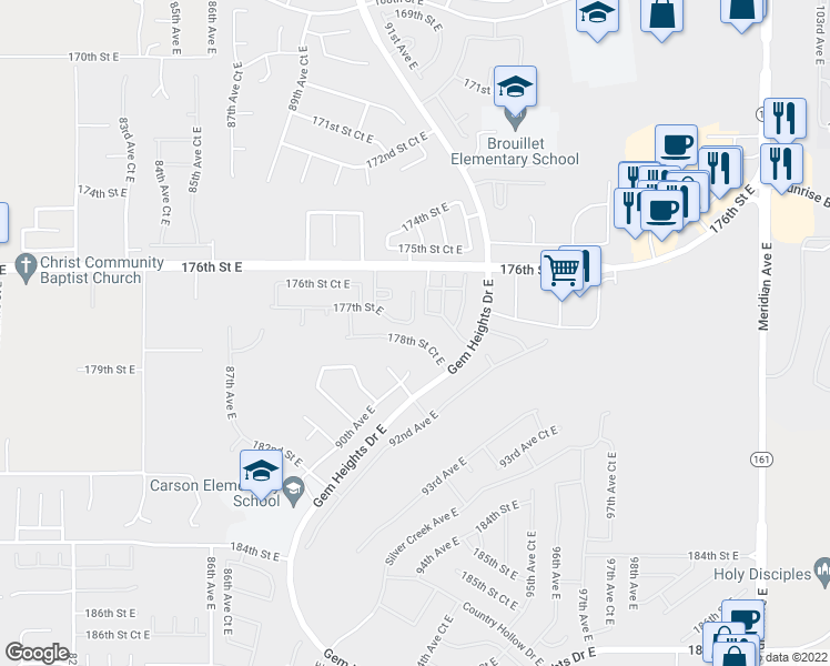 map of restaurants, bars, coffee shops, grocery stores, and more near 9209 178th Street Court East in Puyallup