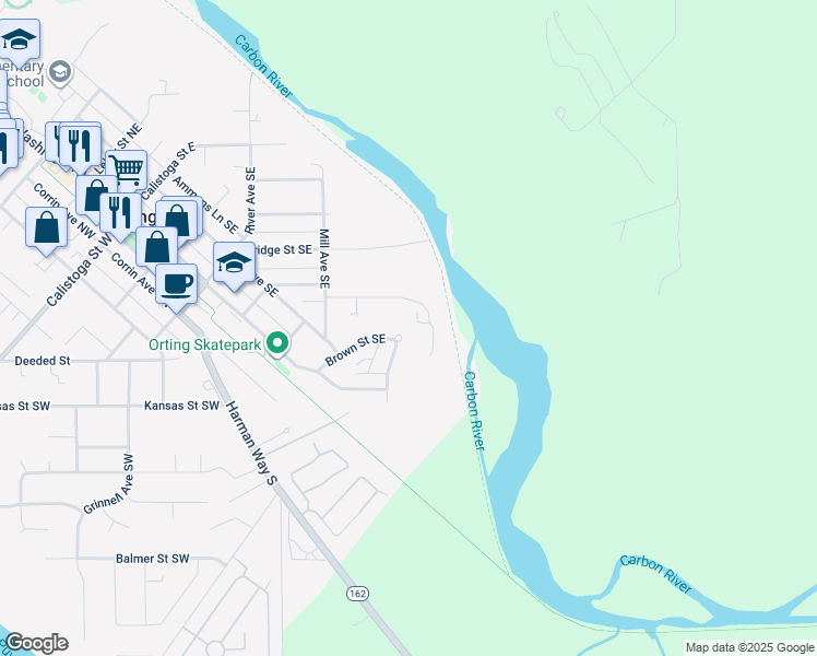 map of restaurants, bars, coffee shops, grocery stores, and more near 524 Brown Street Southeast in Orting