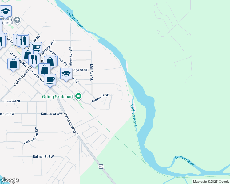 map of restaurants, bars, coffee shops, grocery stores, and more near 524 Brown Street Southeast in Orting