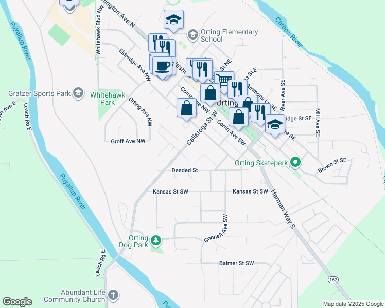 map of restaurants, bars, coffee shops, grocery stores, and more near 308 Calistoga Court Southwest in Orting