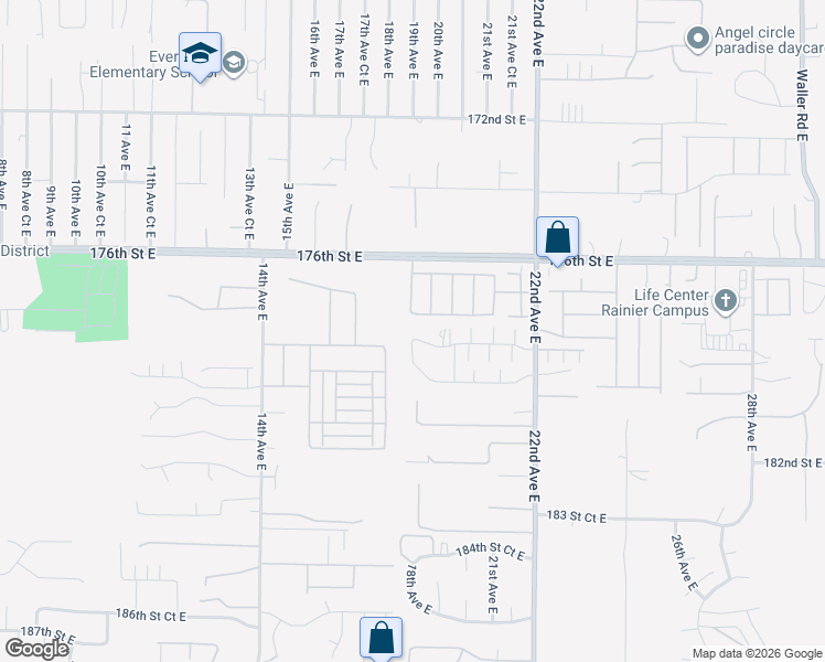 map of restaurants, bars, coffee shops, grocery stores, and more near 1807 178th Street Court East in Spanaway