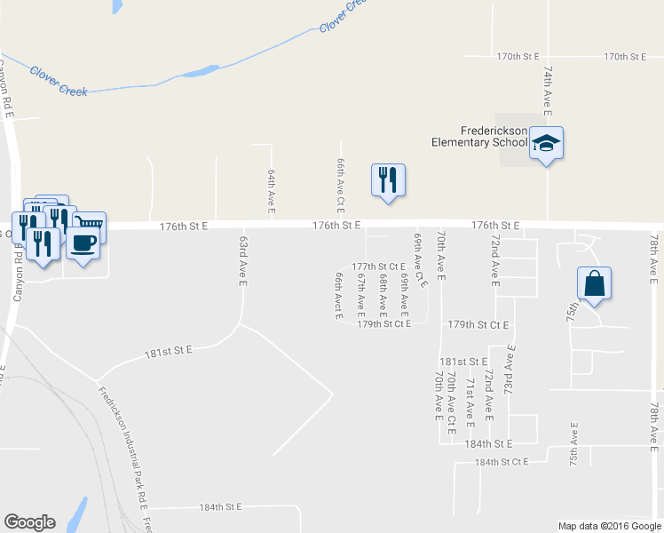 map of restaurants, bars, coffee shops, grocery stores, and more near 17702 66th Avenue Court East in Puyallup