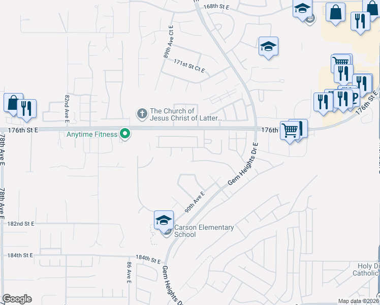 map of restaurants, bars, coffee shops, grocery stores, and more near 8923 177th Street East in Puyallup