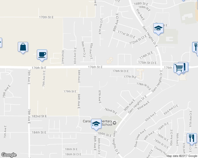 map of restaurants, bars, coffee shops, grocery stores, and more near 17710 87th Avenue East in Puyallup