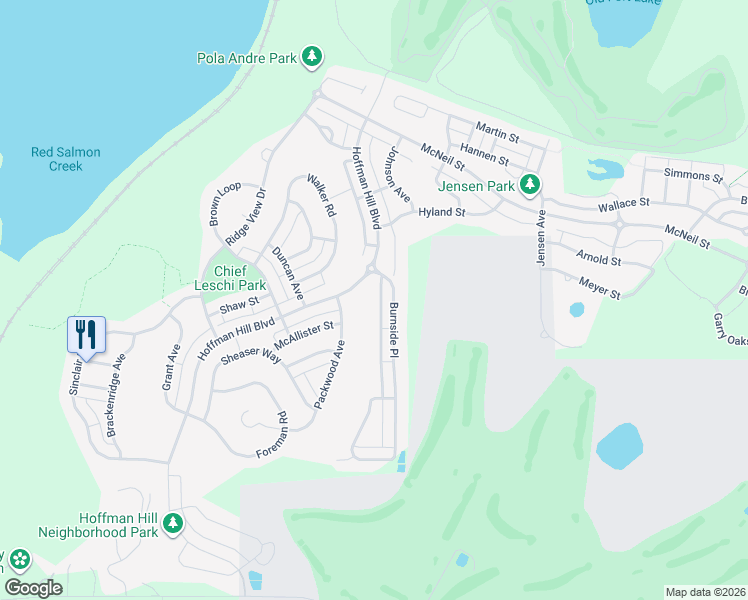 map of restaurants, bars, coffee shops, grocery stores, and more near 1603 Burnside Place in DuPont