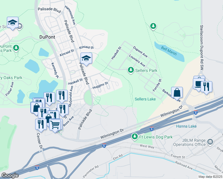 map of restaurants, bars, coffee shops, grocery stores, and more near 1412 Latham Court in DuPont