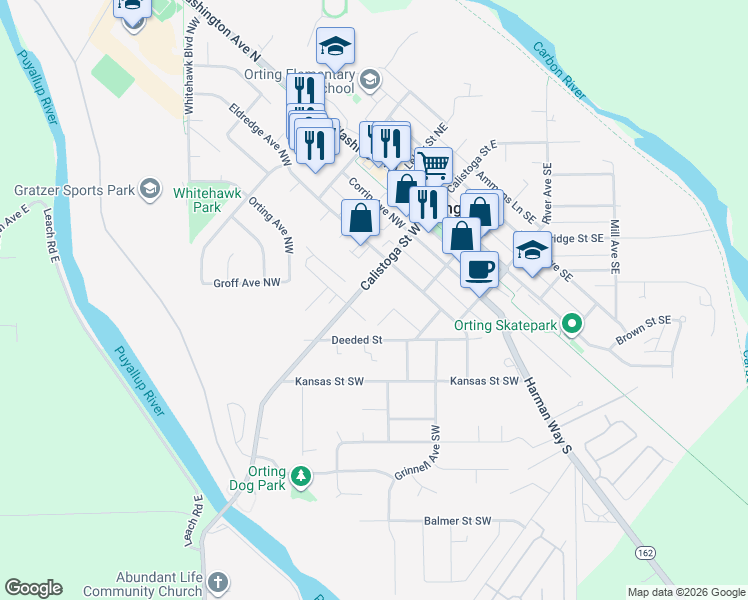 map of restaurants, bars, coffee shops, grocery stores, and more near 308 Calistoga Court Southwest in Orting