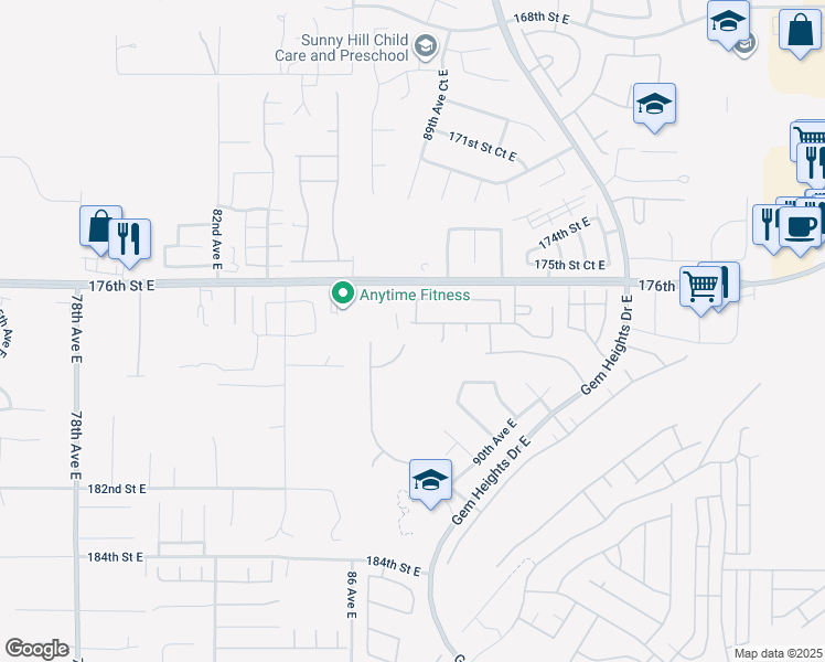 map of restaurants, bars, coffee shops, grocery stores, and more near 8712 177th Street East in Puyallup