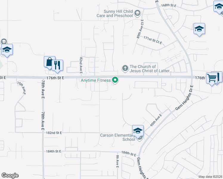 map of restaurants, bars, coffee shops, grocery stores, and more near 17702 85th Avenue Court East in Puyallup