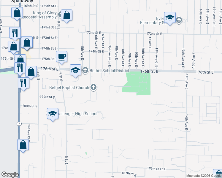 map of restaurants, bars, coffee shops, grocery stores, and more near 17717 7th Avenue Court East in Spanaway