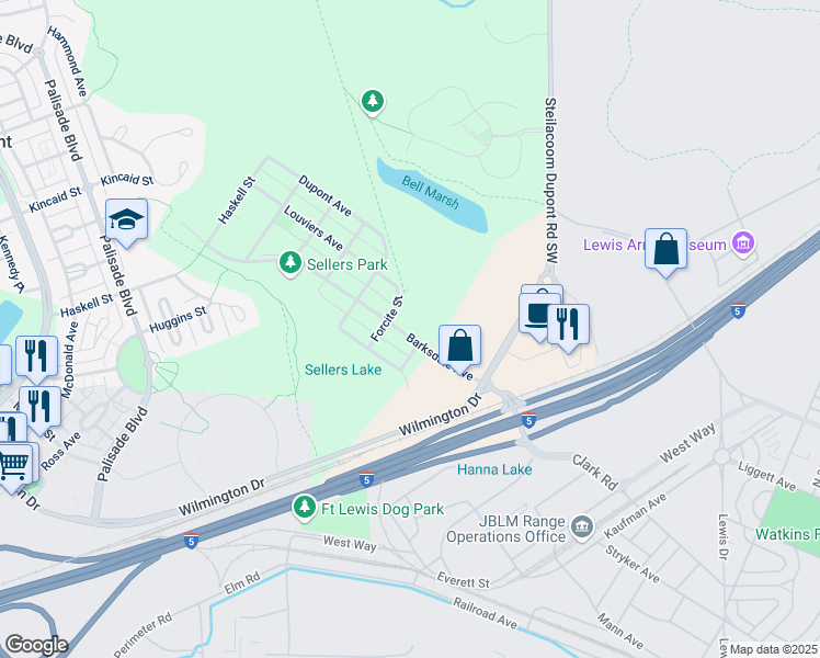 map of restaurants, bars, coffee shops, grocery stores, and more near 205 Barksdale Avenue in DuPont