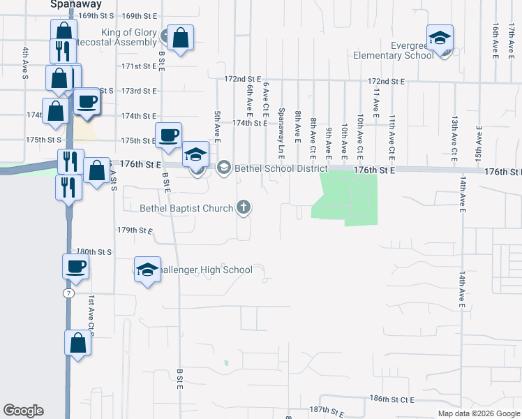 map of restaurants, bars, coffee shops, grocery stores, and more near 17717 7th Avenue Court East in Spanaway