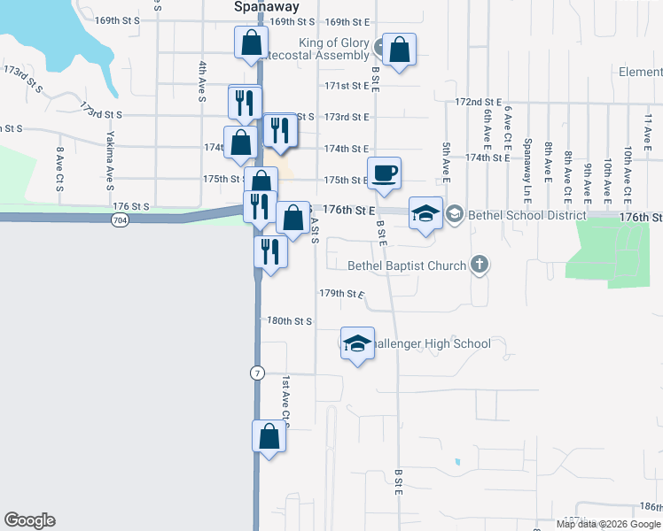 map of restaurants, bars, coffee shops, grocery stores, and more near 17817 1st Avenue Court East in Spanaway