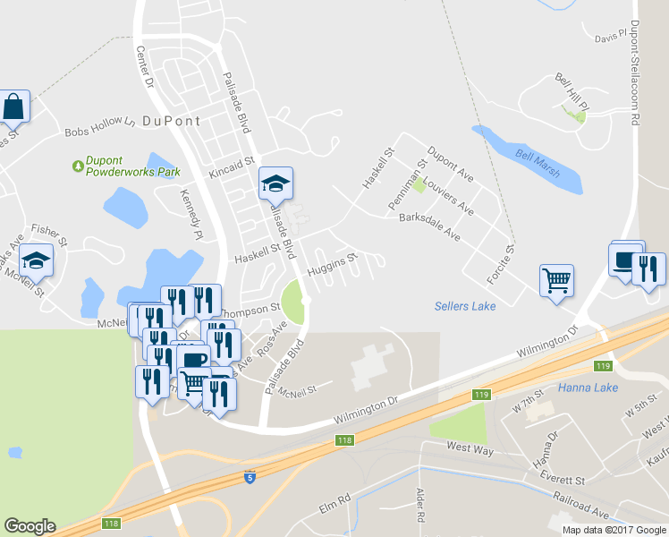 map of restaurants, bars, coffee shops, grocery stores, and more near 1460 Heron Court in DuPont