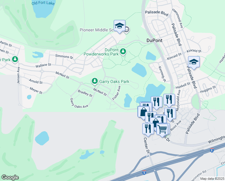 map of restaurants, bars, coffee shops, grocery stores, and more near 1918 Braget Street in DuPont