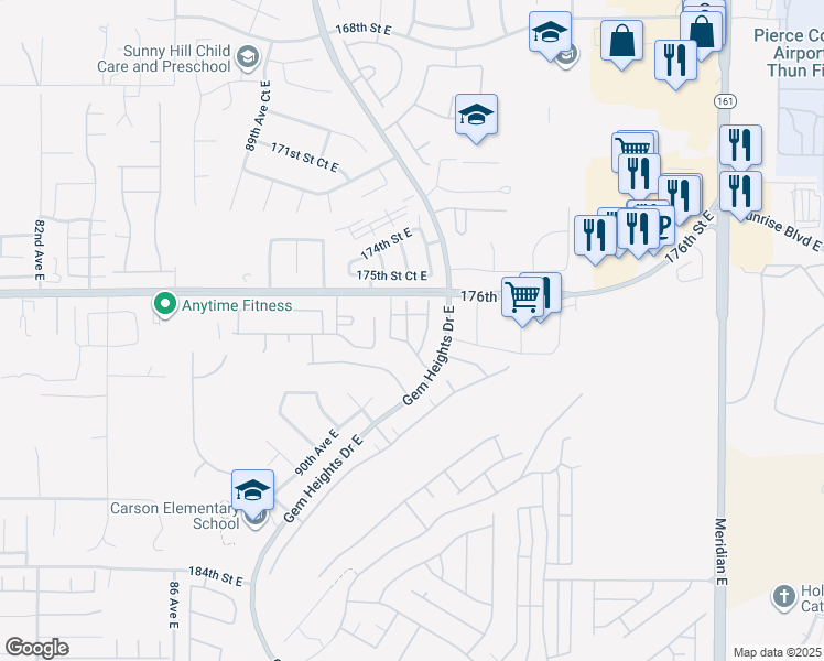 map of restaurants, bars, coffee shops, grocery stores, and more near 17718 Gem Heights Drive East in Puyallup