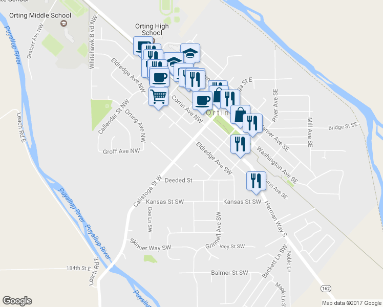 map of restaurants, bars, coffee shops, grocery stores, and more near 308 Calistoga Ct SW in Orting