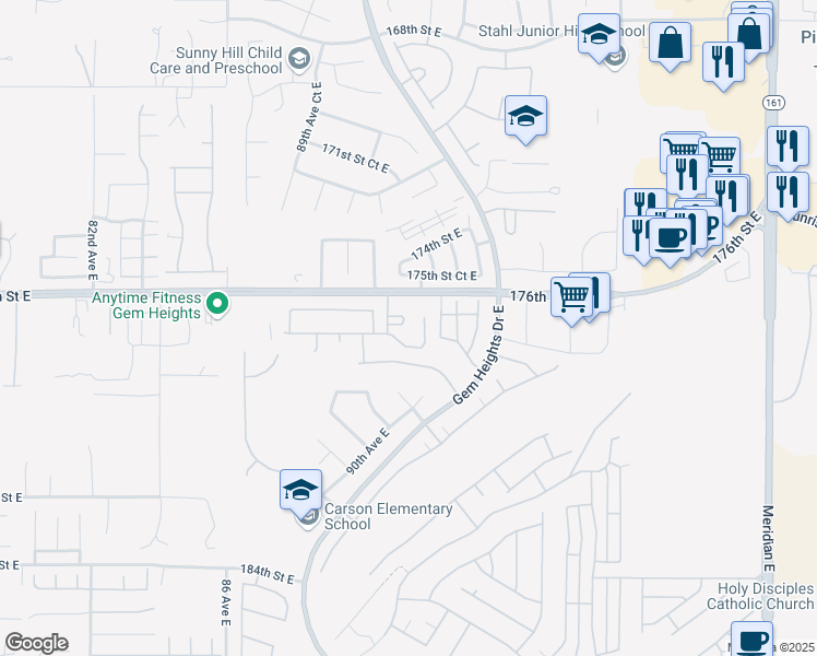 map of restaurants, bars, coffee shops, grocery stores, and more near 17607 91st Avenue East in Puyallup