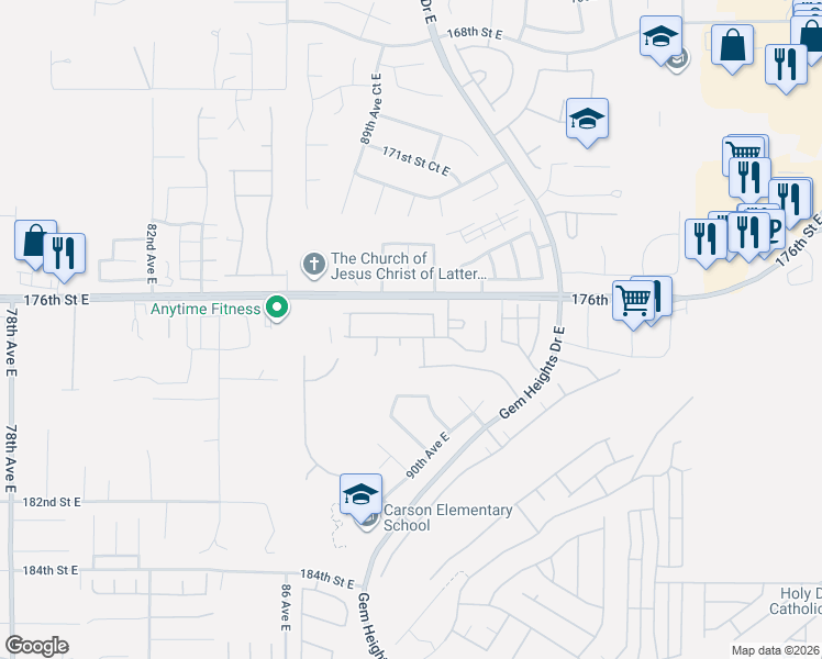 map of restaurants, bars, coffee shops, grocery stores, and more near 8923 177th St E in Puyallup