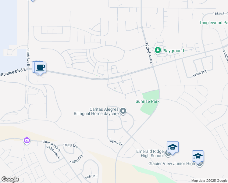 map of restaurants, bars, coffee shops, grocery stores, and more near 11900 Sunrise Boulevard East in Puyallup