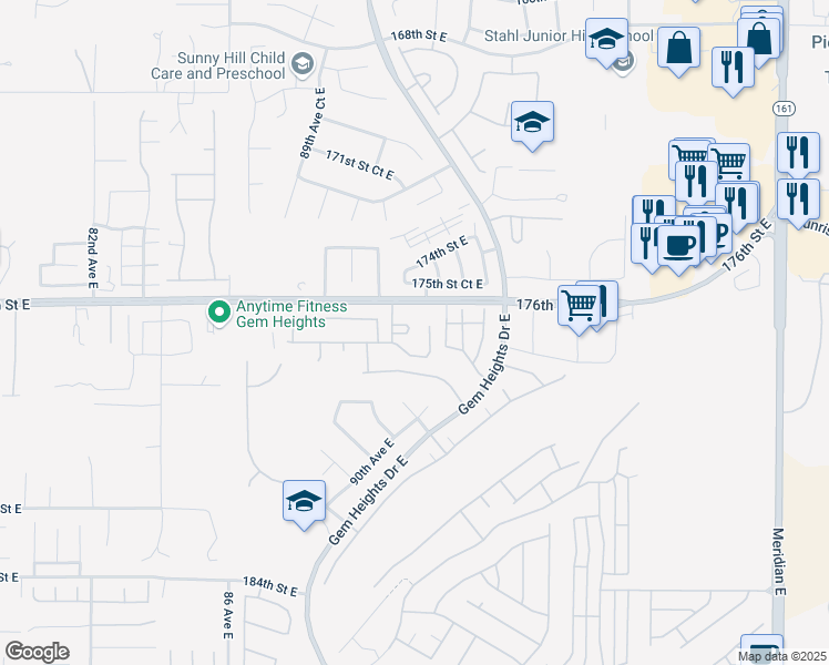 map of restaurants, bars, coffee shops, grocery stores, and more near 17607 91st Avenue East in Puyallup