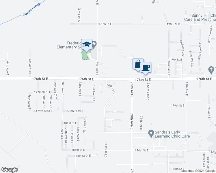 map of restaurants, bars, coffee shops, grocery stores, and more near 7510 177 th Street Court East in Puyallup