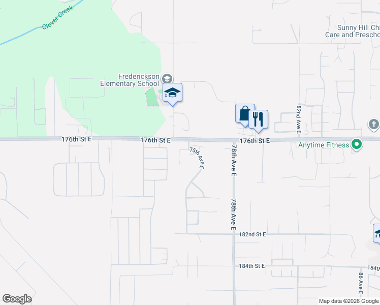 map of restaurants, bars, coffee shops, grocery stores, and more near 7513 177th Street Court East in Puyallup