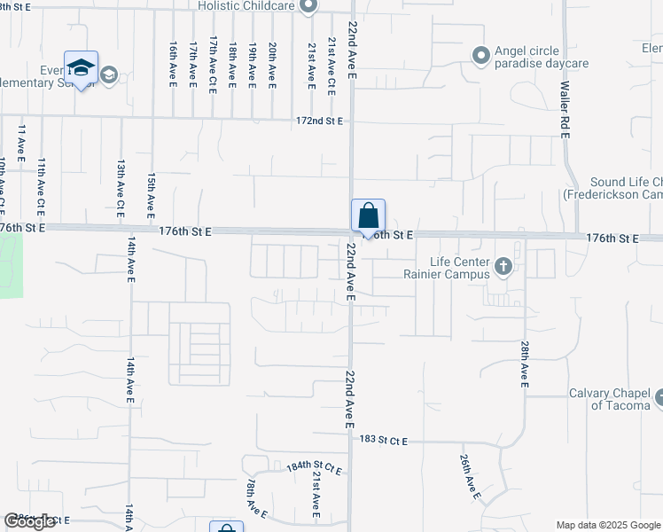 map of restaurants, bars, coffee shops, grocery stores, and more near 2120 177th Street East in Spanaway